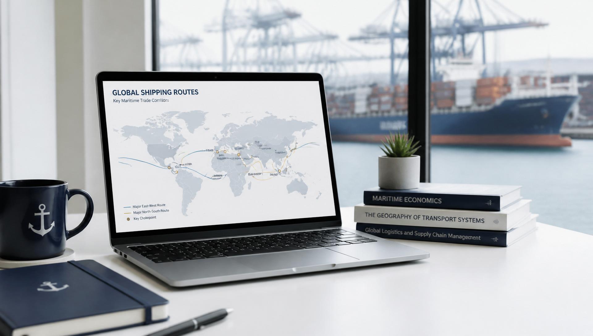 A modern workspace with a laptop showing global shipping routes