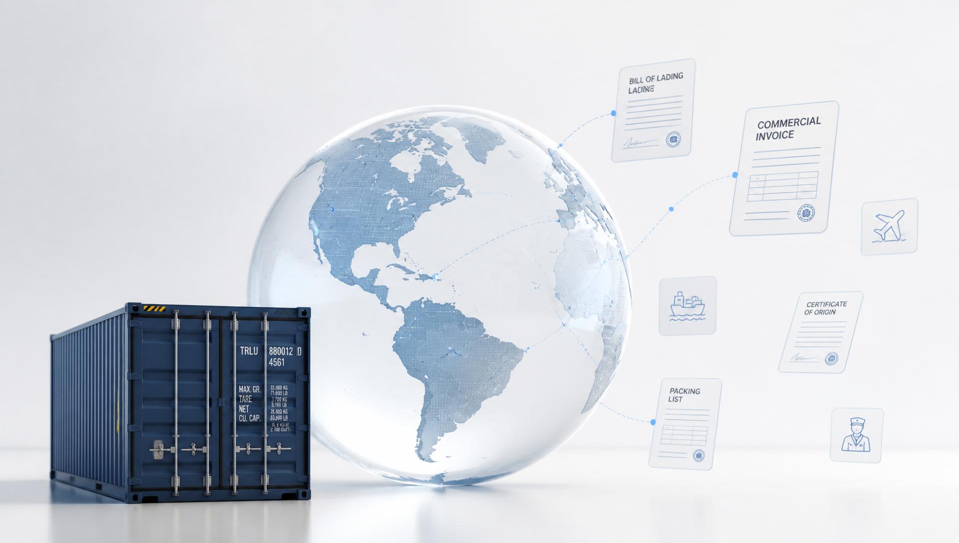 A shipping container beside a globe surrounded by trade documents